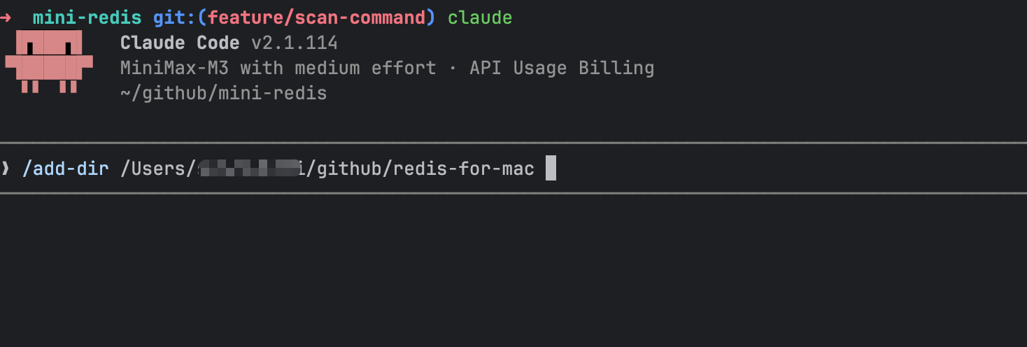 通过 add-dir 将 Redis SCAN 相关源码文件传入 mini-redis 项目