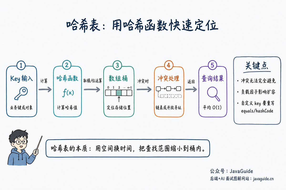 哈希表通过哈希函数把键映射到数组位置的结构示意图
