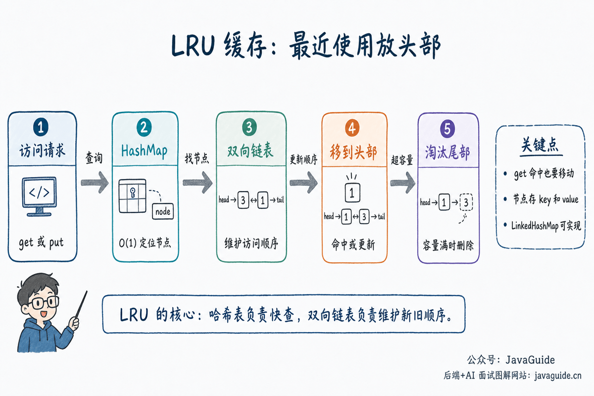 LRU 缓存通过哈希表和双向链表维护最近访问顺序