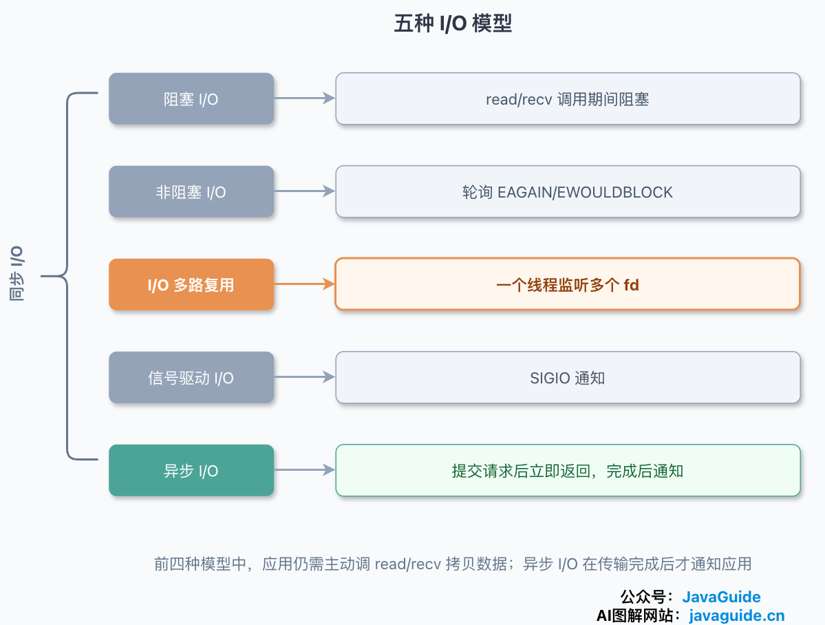 五种 I/O 模型对比：阻塞 I/O、非阻塞 I/O、I/O 多路复用、信号驱动 I/O 和异步 I/O