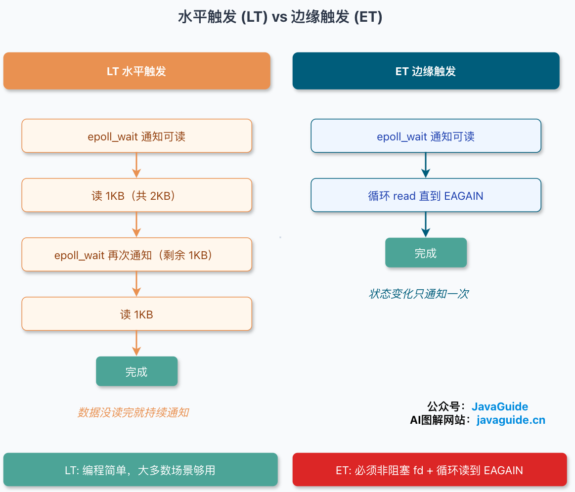 水平触发和边缘触发对比：LT 在数据未读完时会持续通知，ET 只在状态变化时通知一次