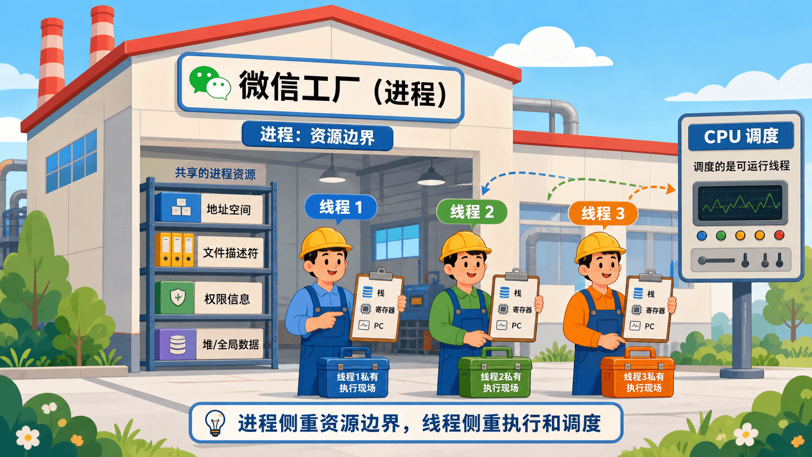 用微信工厂类比进程和线程的区别