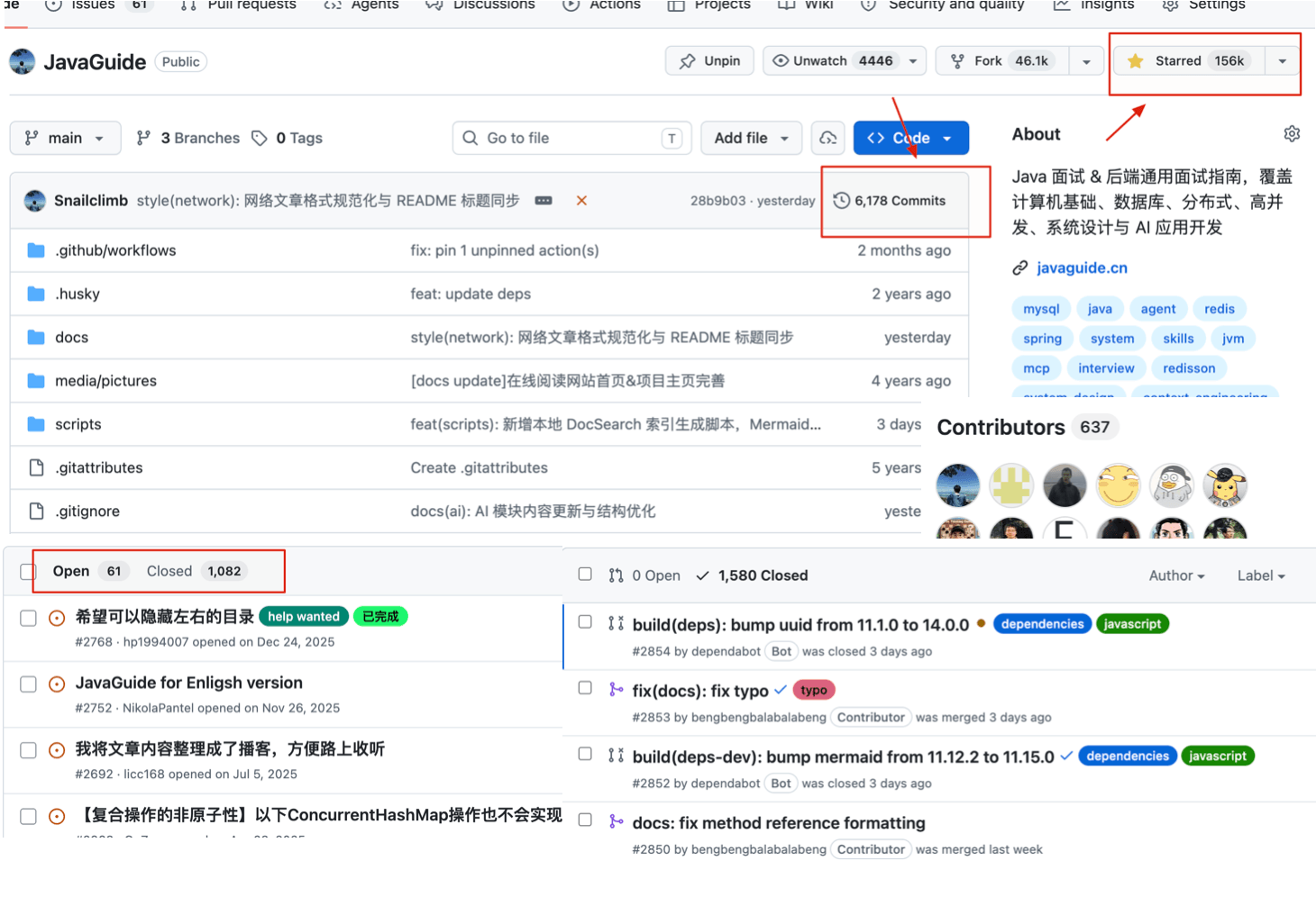 JavaGuide 目前的 Star、Fork、Issue 和 PR 情况