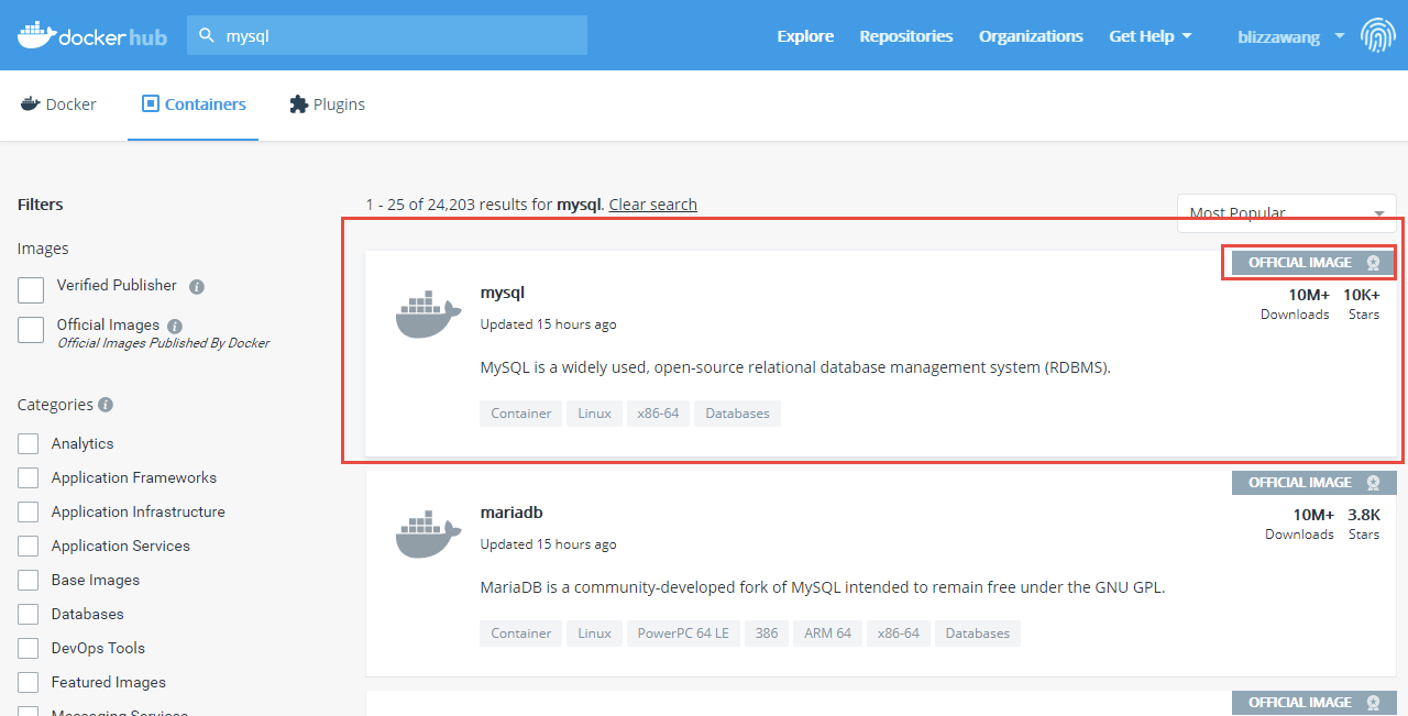 DockerHub 搜索 MySQL 